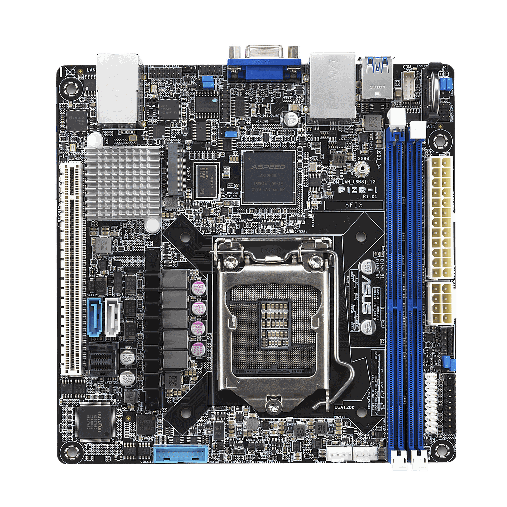 Asus P12R-I server motherboard, Intel C252, 1200 for Xeon E-2300, mini ITX, 2 DDR4, dual GB LAN, 1*M.2, 6*SATA3, onboard ASMB10-iKVM