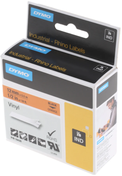 Dymo RHINO 18435 vinyl black on orange 12mm