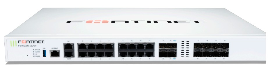 Fortinet FortiGate-200F firewall, 18*GE RJ45 ports, 8*GE SFP slots, 4*10GE SFP+ ports (appliance only, no subscription)