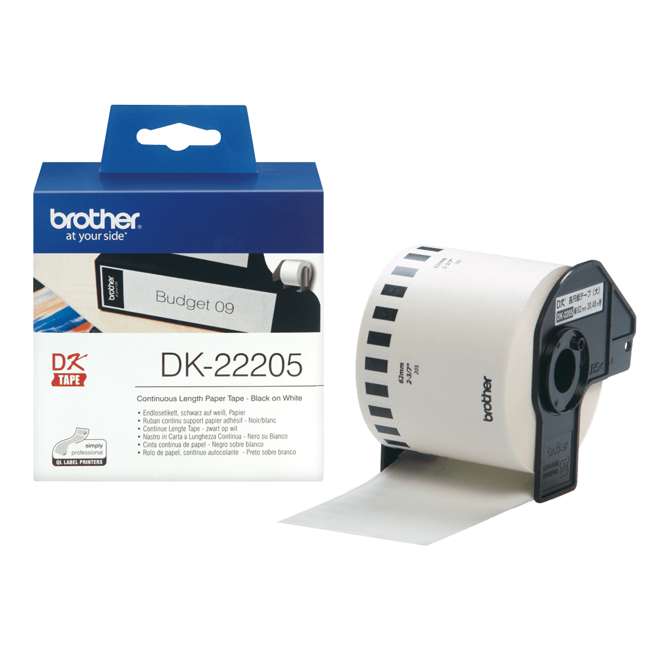Genuine Brother DK-22205 continuous paper label roll – black on white, 62mm wide