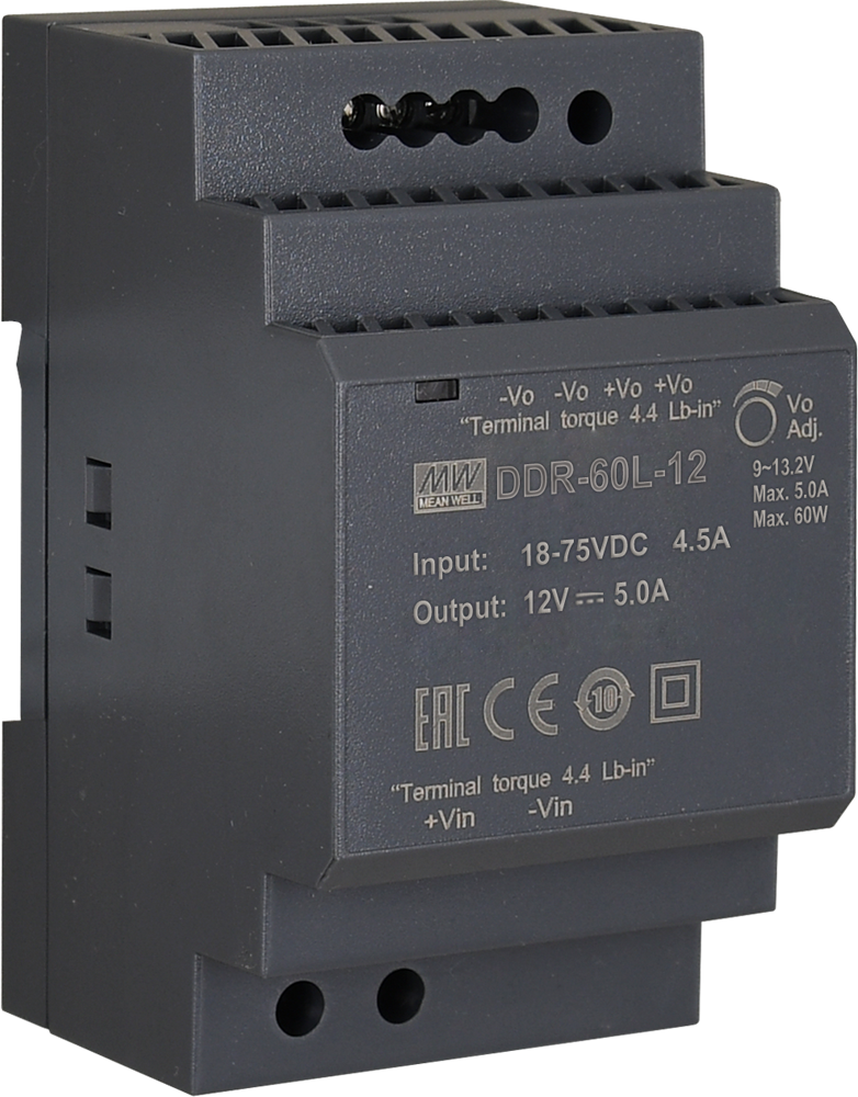Meanwell DC/DC DIN rail power supply, input 18...75V DC, output 12V DC 60W