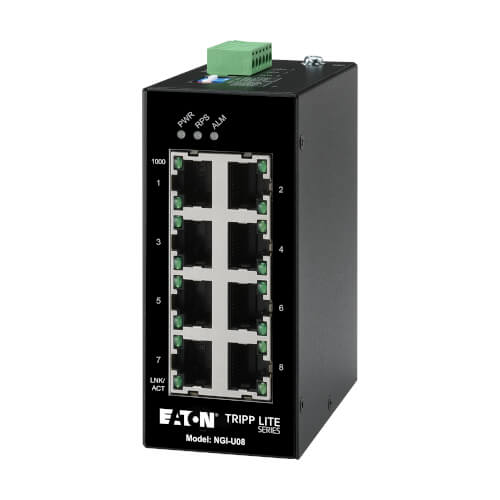 Eaton 8-port unmanaged industrial Gigabit Ethernet switch - 10/100/1000 Mbps, ruggedized, -40° to 75°C, EIP QoS, DIN mount