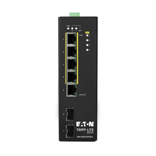 Eaton 5-port lite managed industrial Gigabit Ethernet switch - 10/100/1000 Mbps, PoE+ 30W, 2 GbE SFP slots, -10° to 60°C, DIN mount