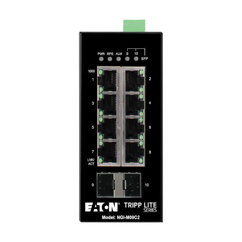 Eaton 8-port managed industrial Gigabit Ethernet switch - 10/100/1000 Mbps, 2 GbE SFP slots, -40° to 75°C, DIN mount