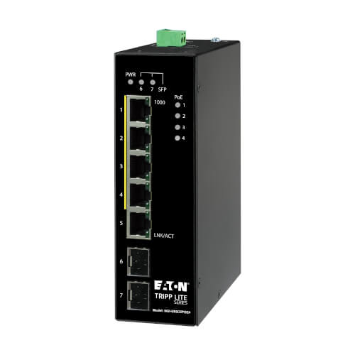 Eaton 5-port unmanaged industrial Gigabit Ethernet switch - 10/100/1000 Mbps, PoE+ 30W, -10° to 60°C, 2 GbE SFP slots, DIN mount