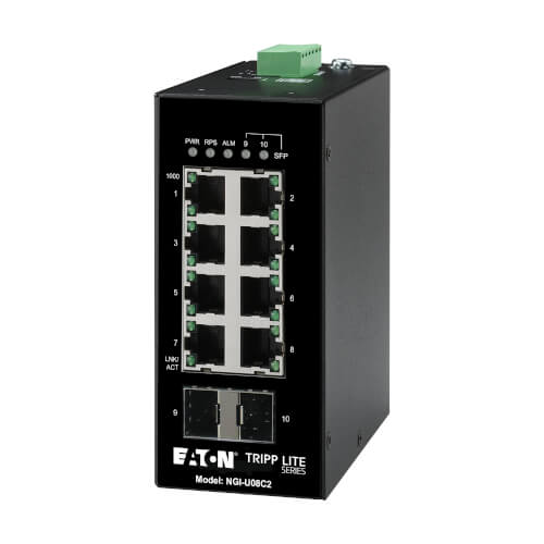 Eaton 8-port unmanaged industrial Gigabit Ethernet switch - 10/100/1000 Mbps, 2 GbE SFP sSlots, -40° to 75°C, DIN mount