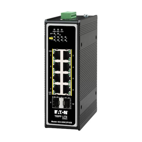 Eaton 8-port unmanaged industrial Gigabit Ethernet switch - 10/100/1000 Mbps, PoE+ 30W, 2 GbE SFP slots, -40° to 75°C, DIN mount