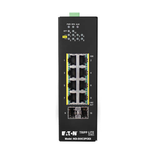 Eaton 8-port lite managed industrial Gigabit Ethernet switch - 10/100/1000 Mbps, PoE+ 30W, 2 GbE SFP slots, -10° to 60°C, DIN mount