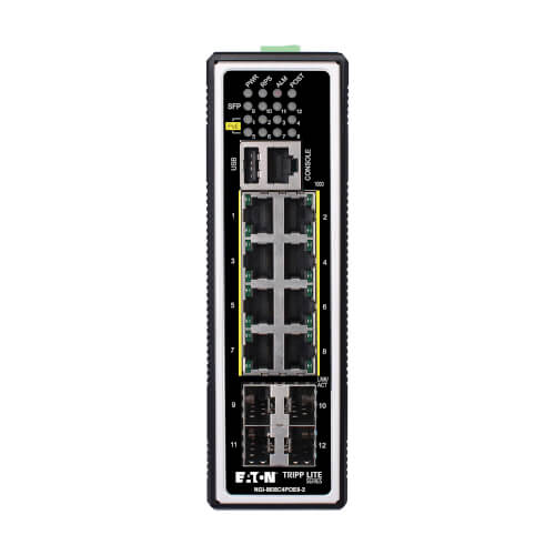 Eaton 8-Port Managed Industrial Gigabit Ethernet Switch - Layer 2, 1 Gbps, PoE+ 30W, 4 GbE SFP ports, -40° to 75°C, DIN mount