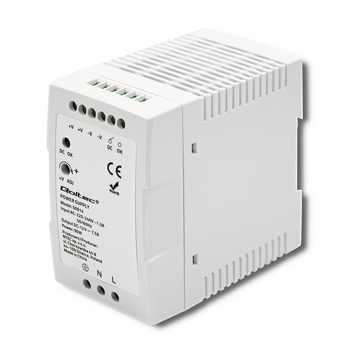 Qoltec DIN rail power supply, 12V, 7.5A, 90W, white, slim